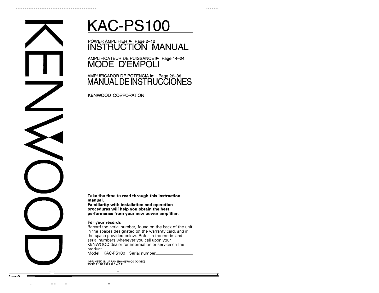 Kenwood KAC-PS100 Owner's Manual