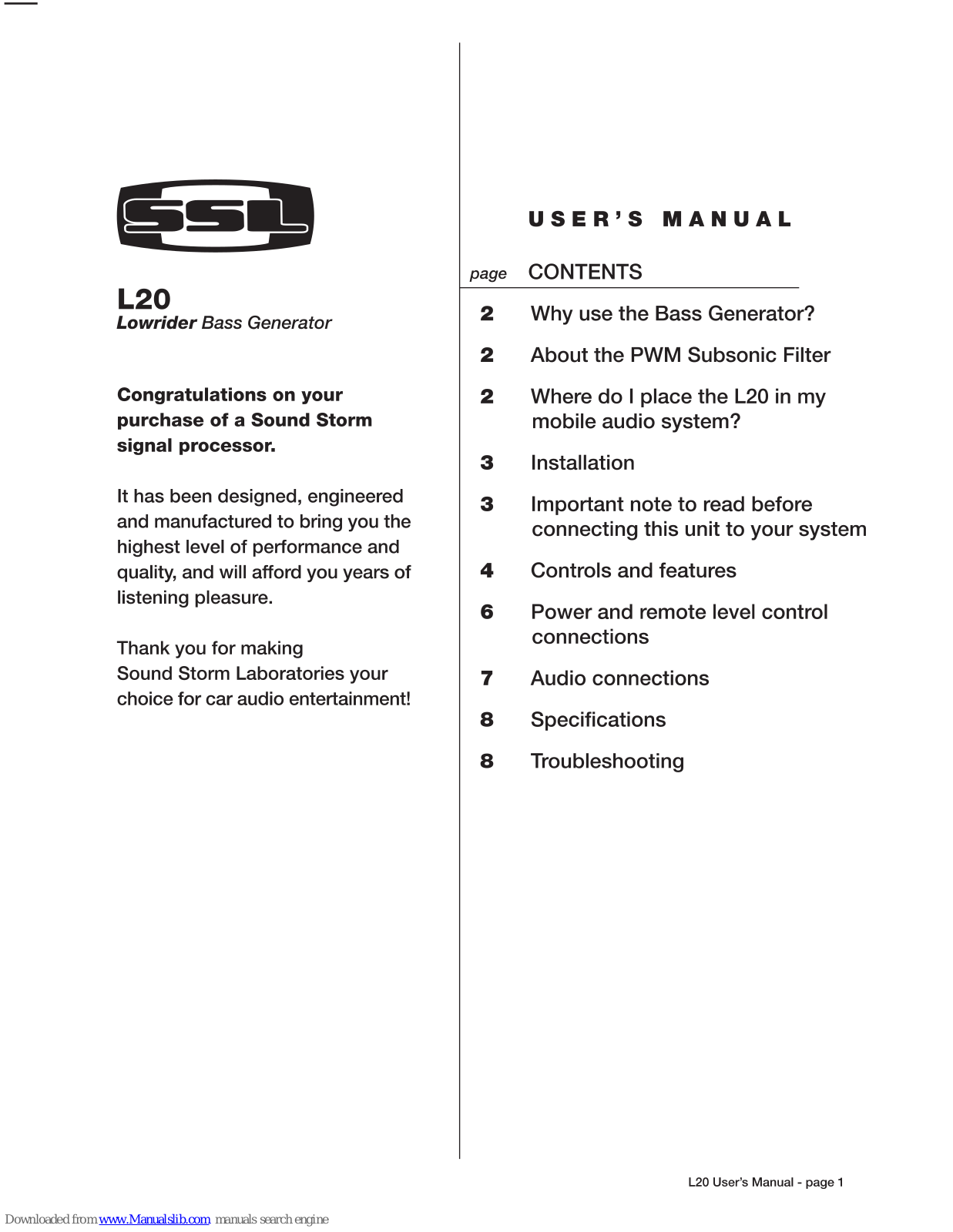 Ssl L20, Lowrider L20 User Manual