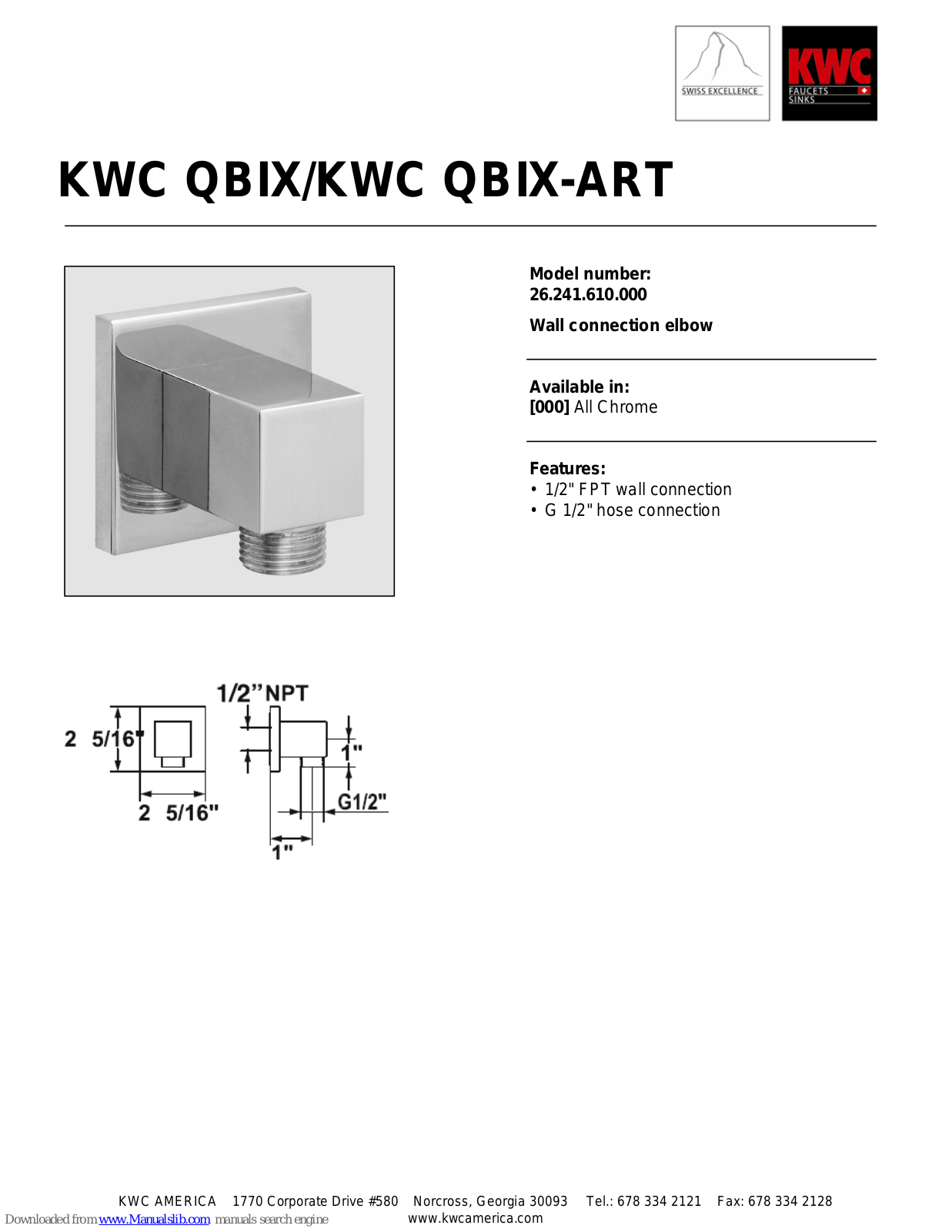 KWC 26.241.610.000, QBIX 26.241.610.000, QBIX-ART 26.241.610.000 Specification Sheet