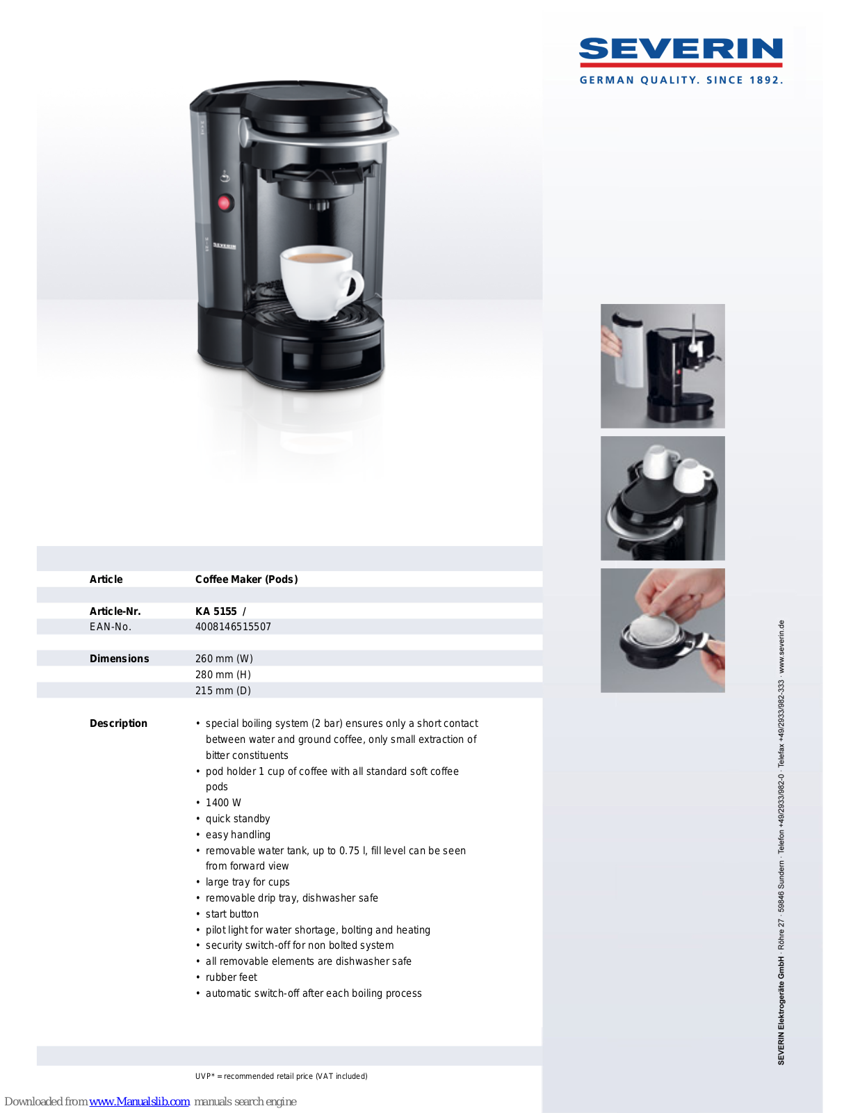 SEVERIN COFFEE MAKER - DATASHEET 2, KA 5155 Datasheet - ManualMachine.com