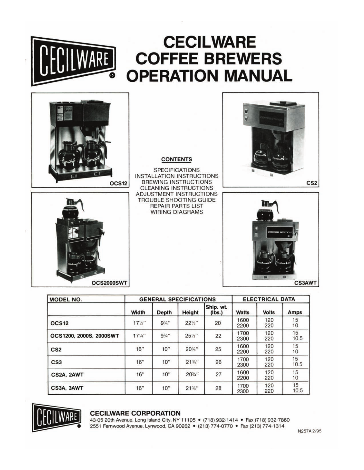 Cecilware OCS12, OCS1200, OCS2000S, OCS2000SWT, CS3 Operation Manual