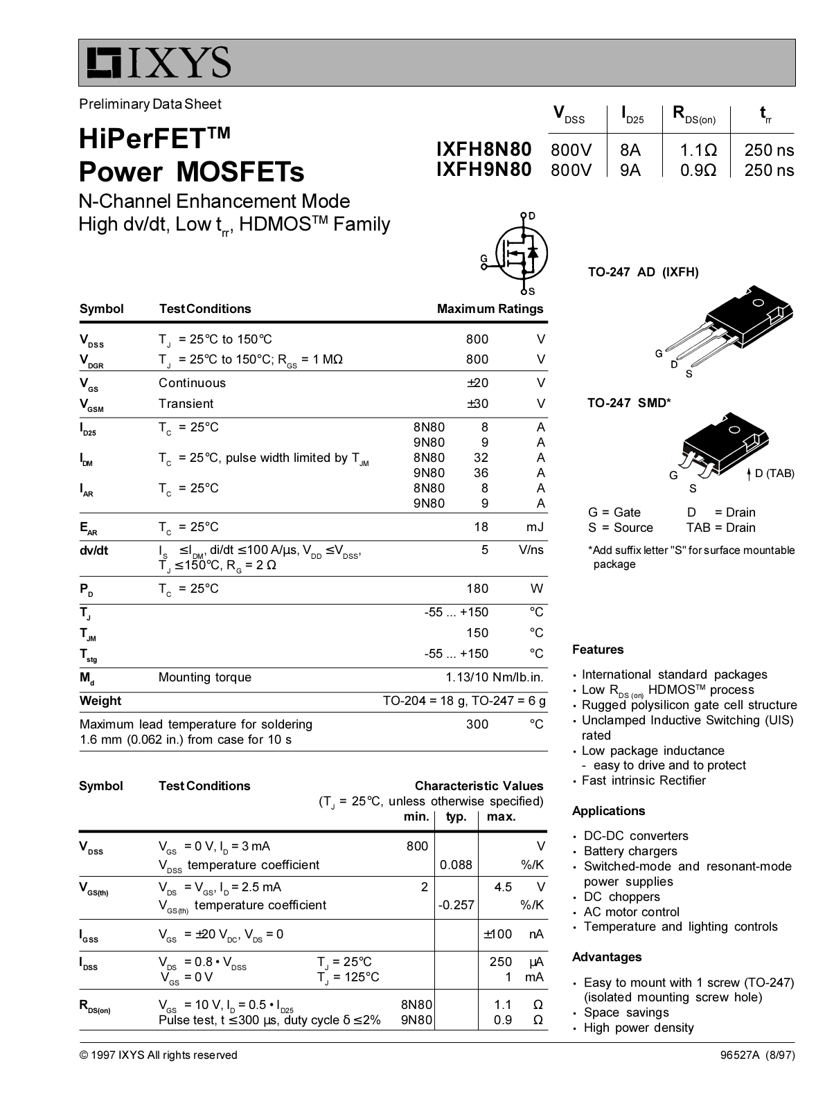 IXYS IXFH9N80, IXFH8N80 Datasheet