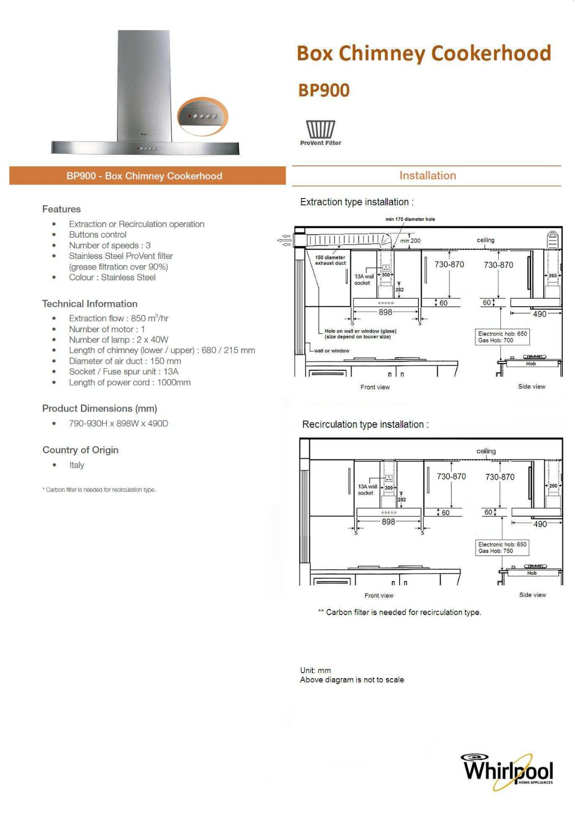 Whirlpool BP900 User Manual