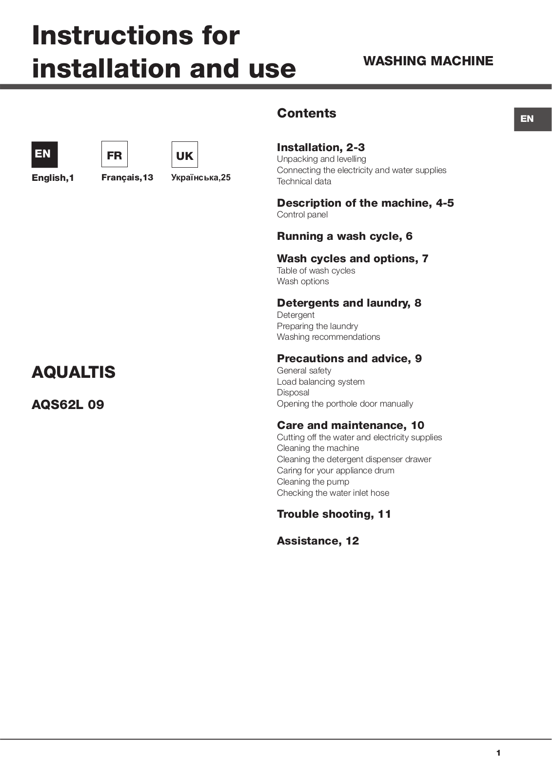 Hotpoint AQS62L 09 EU User Manual