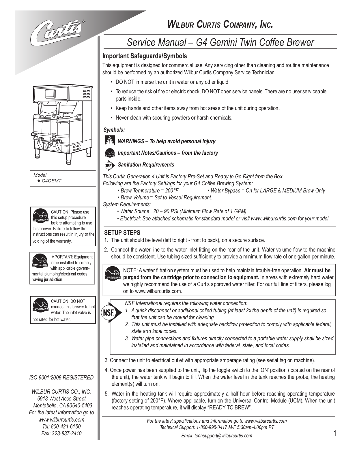 Wilbur Curtis G4GEMT User Manual