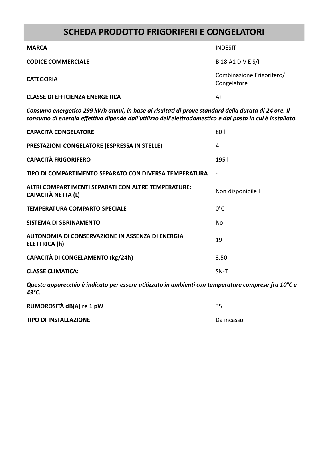 Indesit B 18 A1 D V E S/I Specification