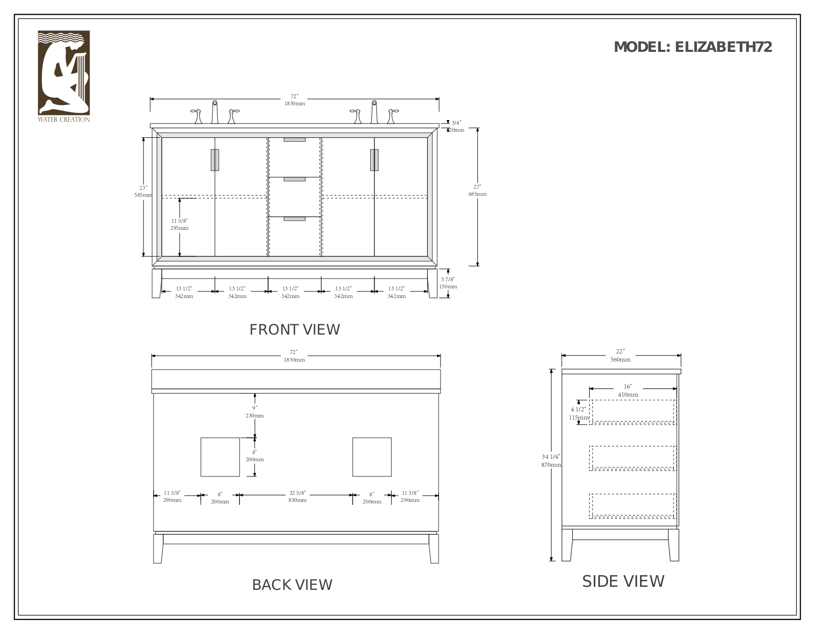 Water Creation VEL072CWMB00, VEL072CWPW45, VEL072CWCG00, VEL072CWCG10, VEL072CWCG27 Specifications