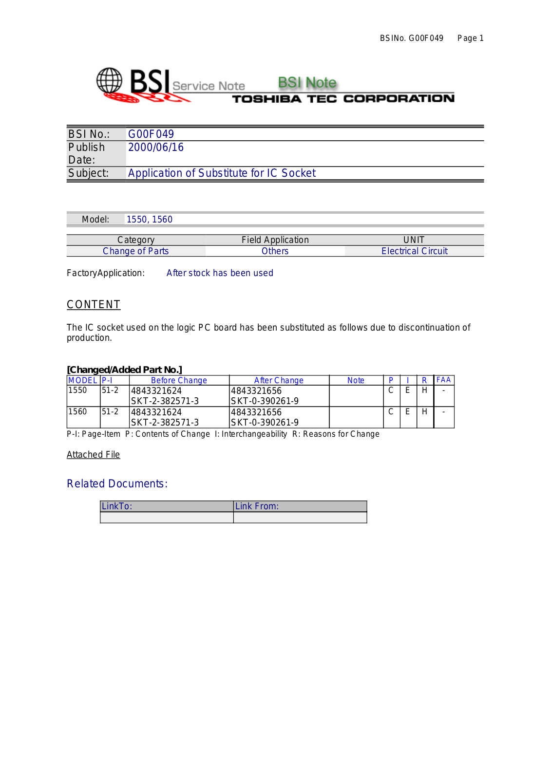 Toshiba G00F049 Service Note