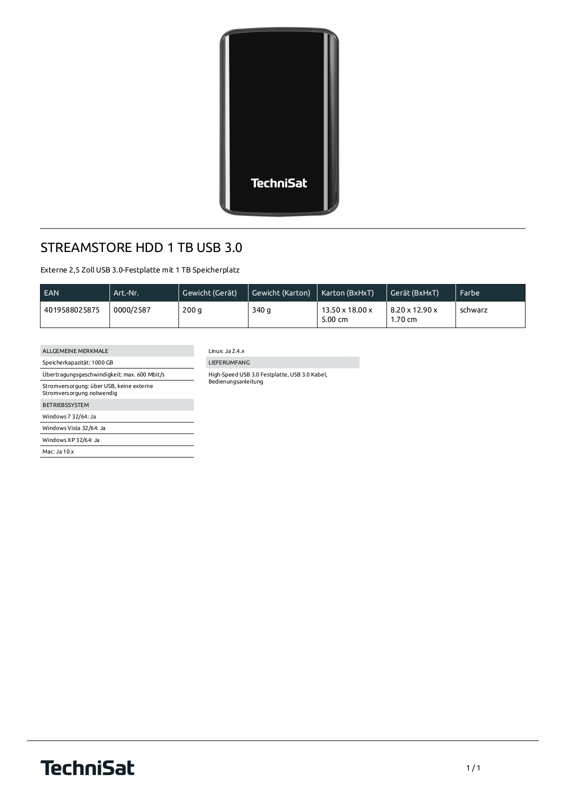 TechniSat STREAMSTORE HDD 1 TB USB 3.0 Technische details