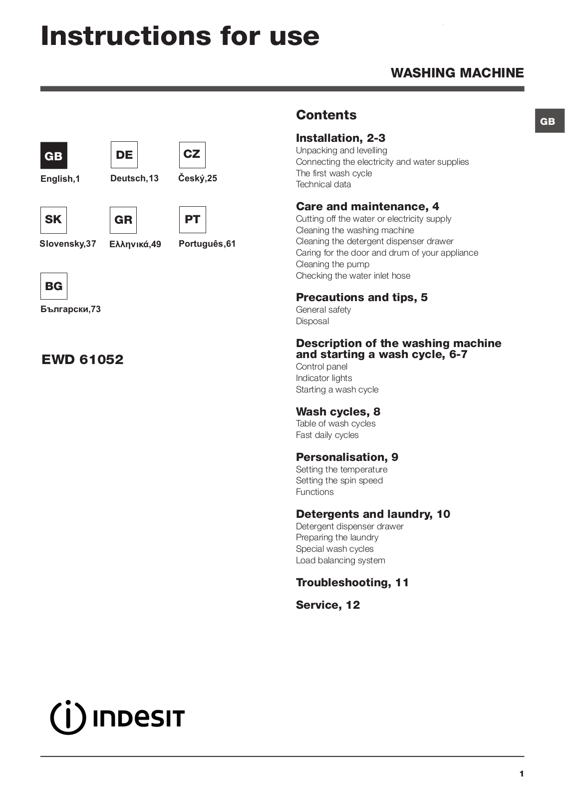 Indesit EWD 61052 W operation manual