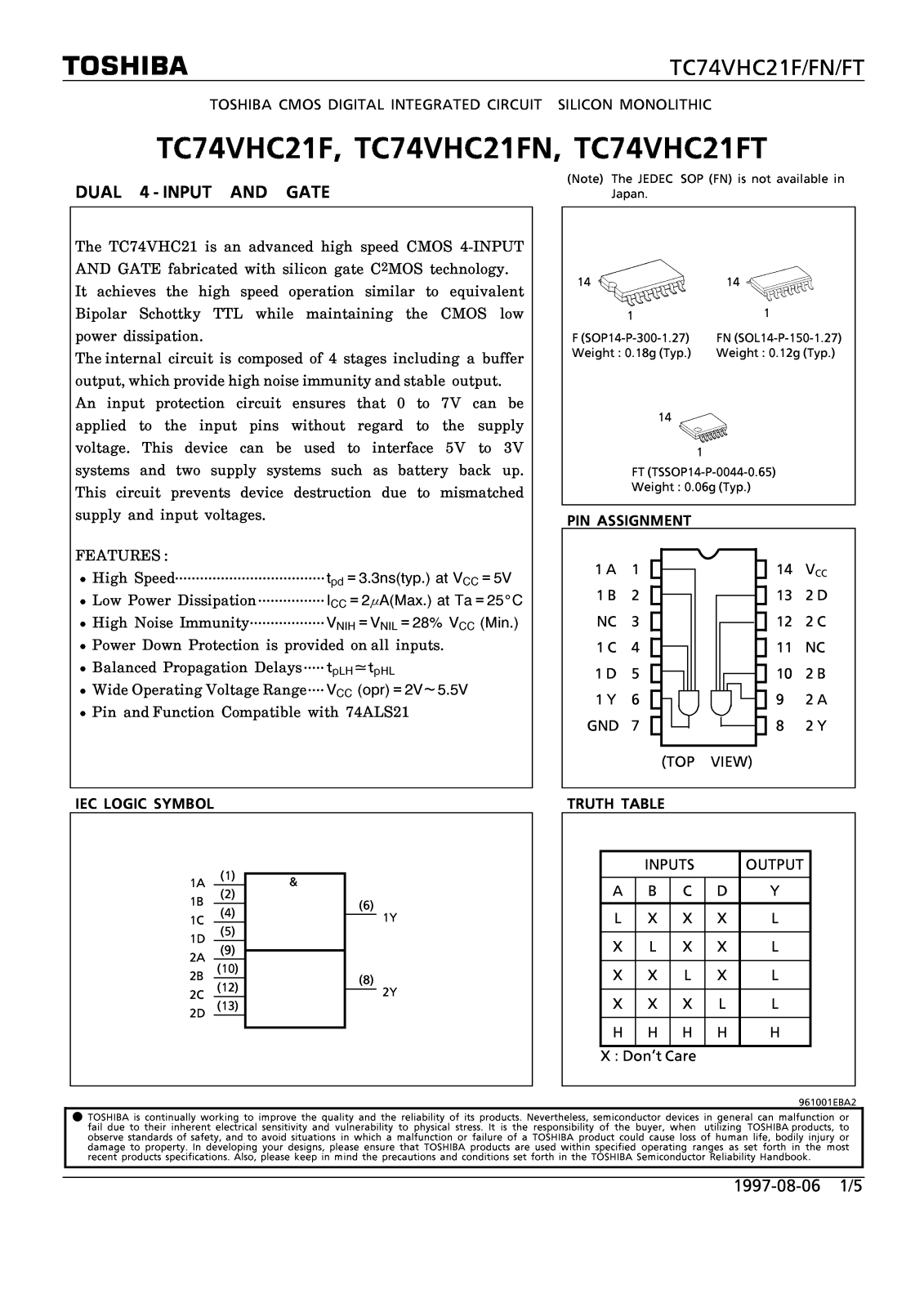 Toshiba TC74VHC21FT, TC74VHC21F Datasheet