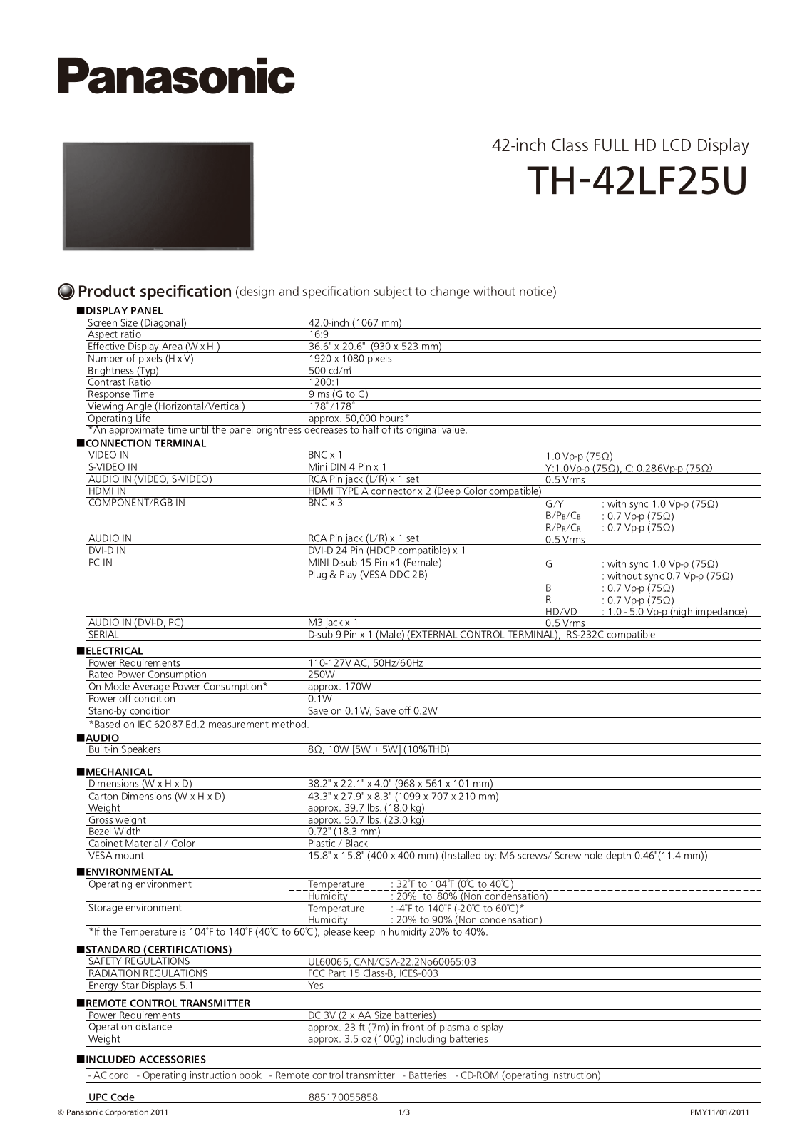 Panasonic TH-42LF25U Specification