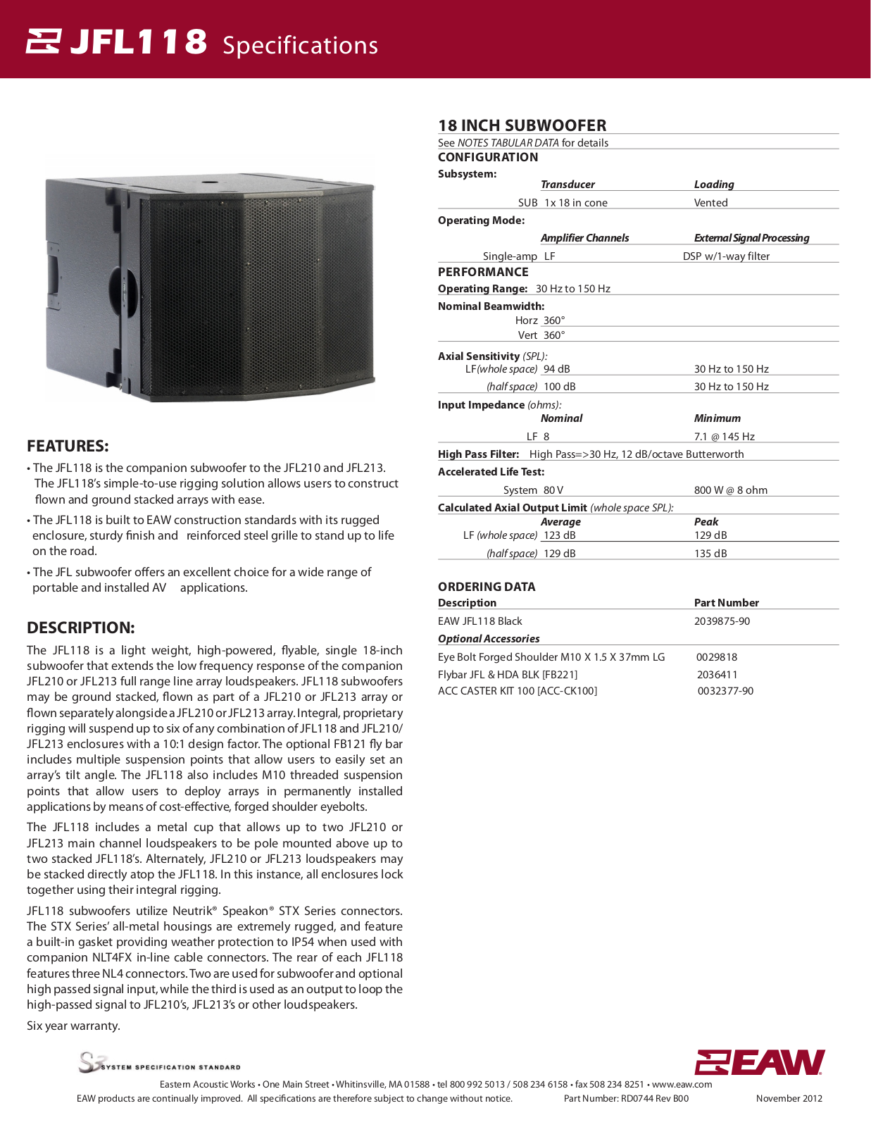 EAW JFL118 Specifications