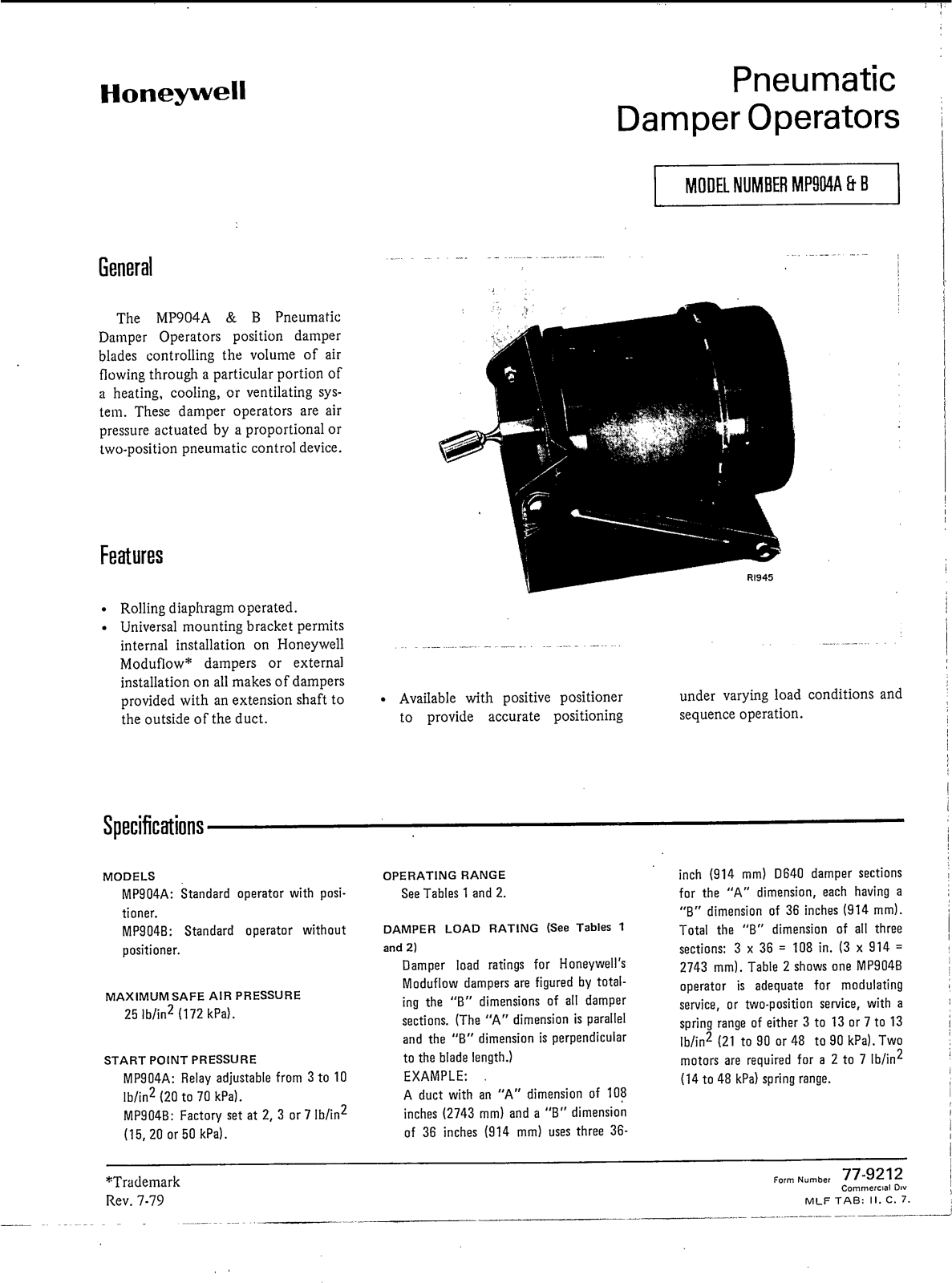 Honeywell Pneumatic Damper Operators Data Sheet