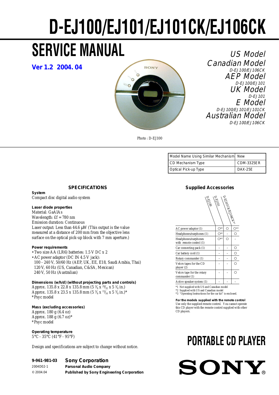 Sony DEJ-100, DEJ-101, DEJ-101-CK, DEJ-106-CK Service manual