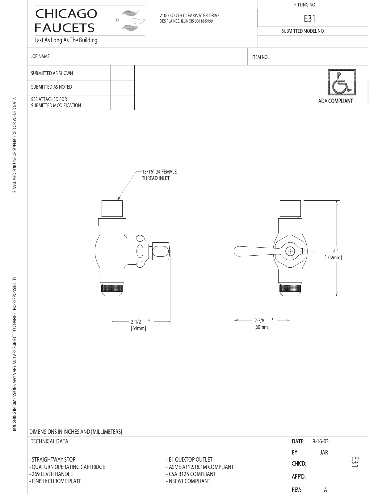 Chicago Faucet E31JK User Manual