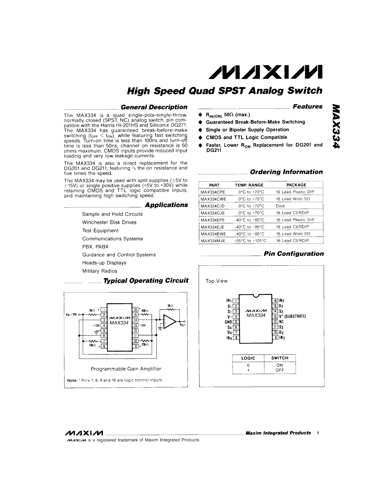 Maxim MAX334MJE, MAX334EJE, MAX334CWE, MAX334CPE, MAX334CJE Datasheet