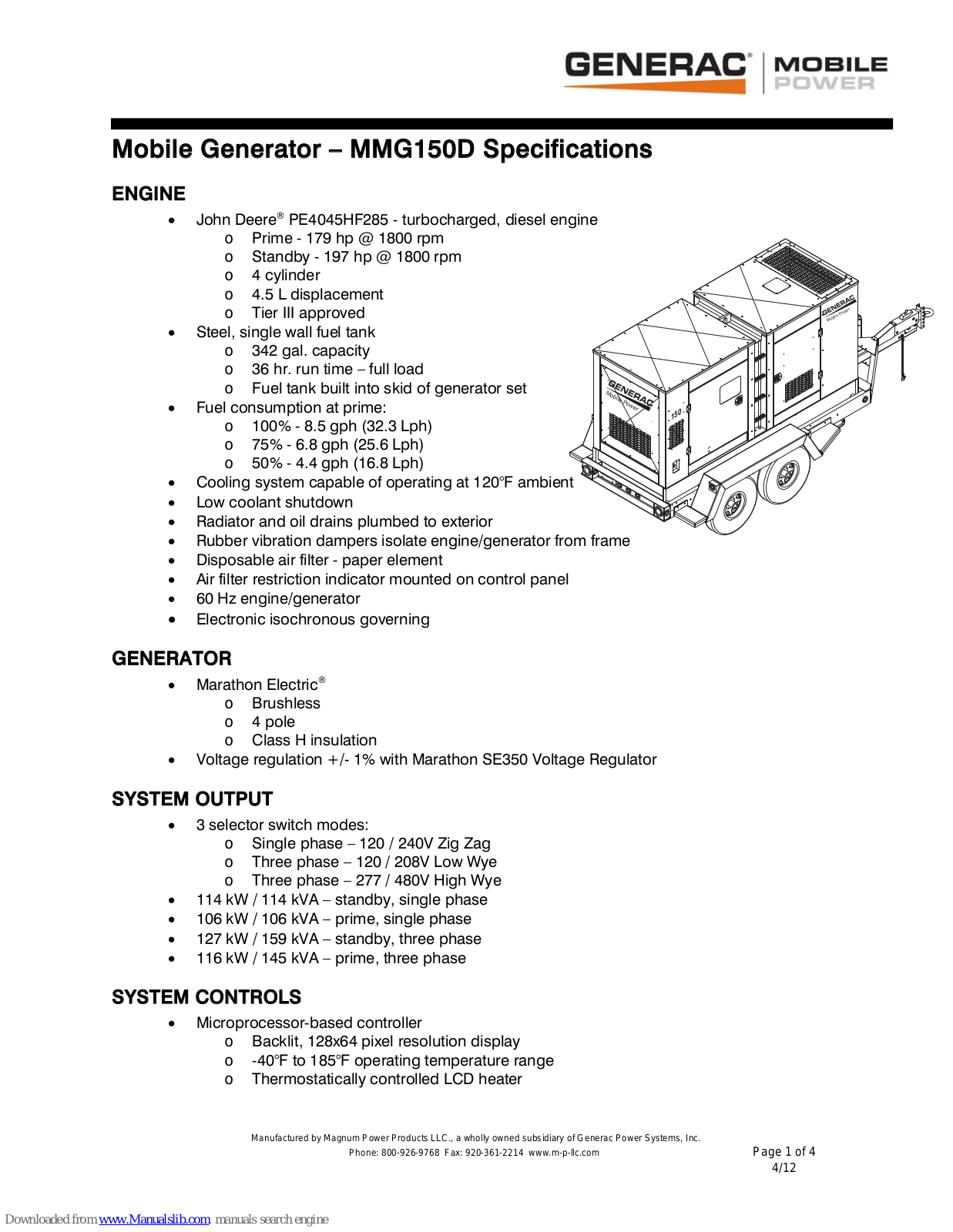 Generac Power Systems Mobile Power MMG150D Specifications