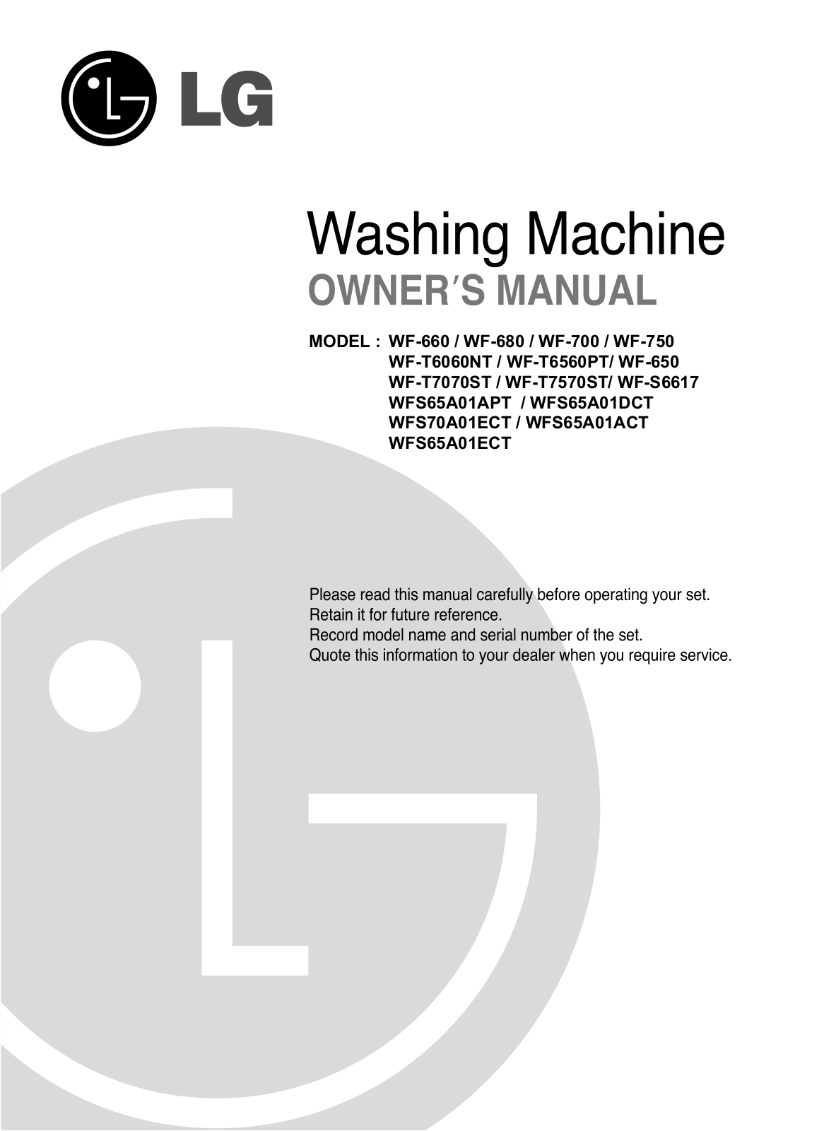 LG WFS65A01DCT, WFS70A01ECT User Manual