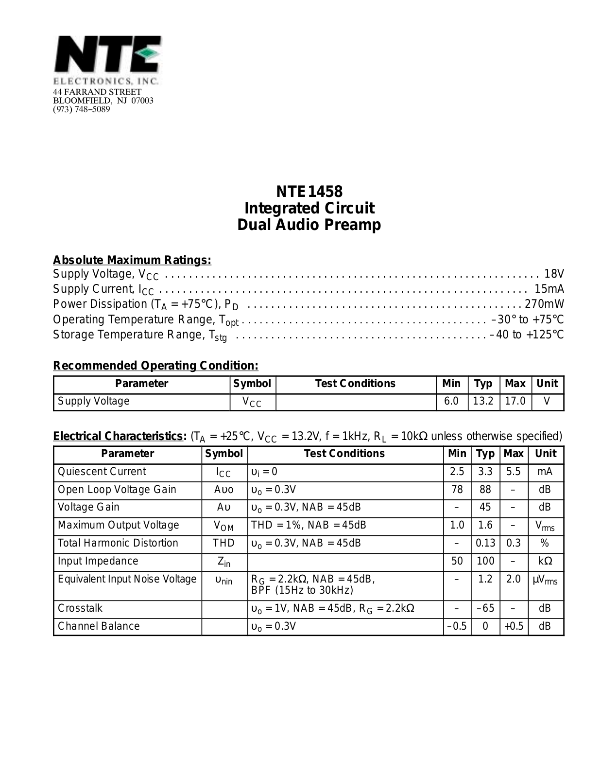 Datasheet NTE1458 Datasheet (NTE) - ManualMachine.com