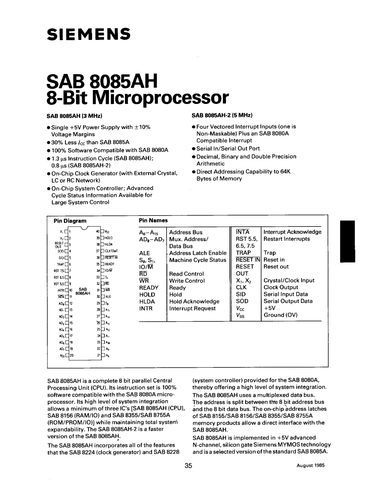 Siemens SAB8085AH-2-P, SAB8085AH-P Datasheet