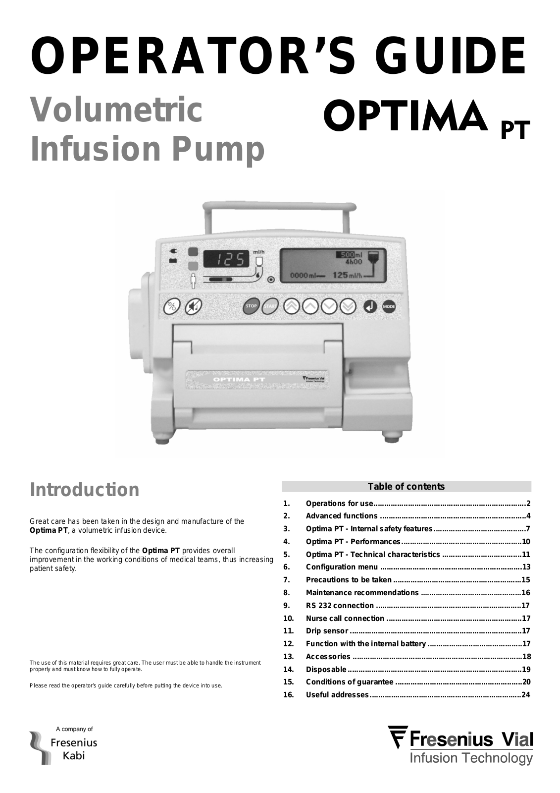 Fresenius Optima PT User manual