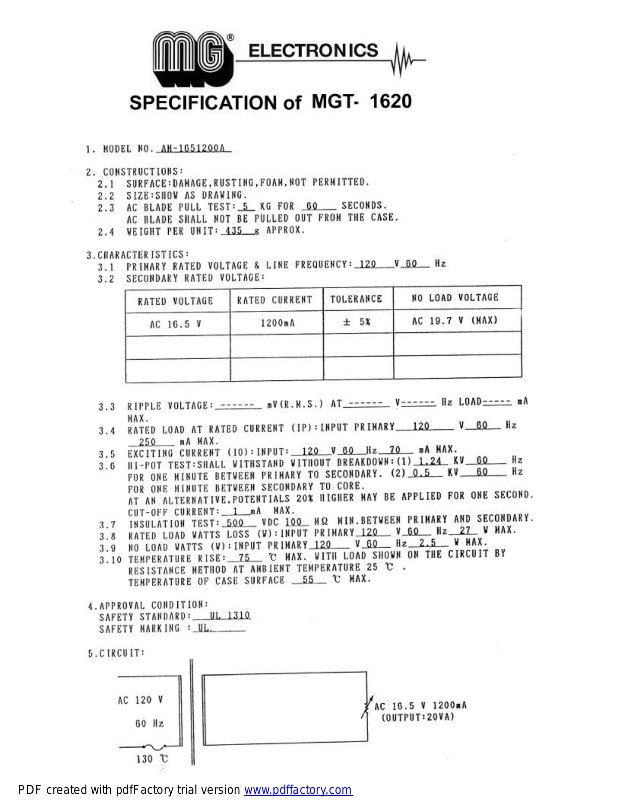 MG Electronics MGT-1620 Specsheet