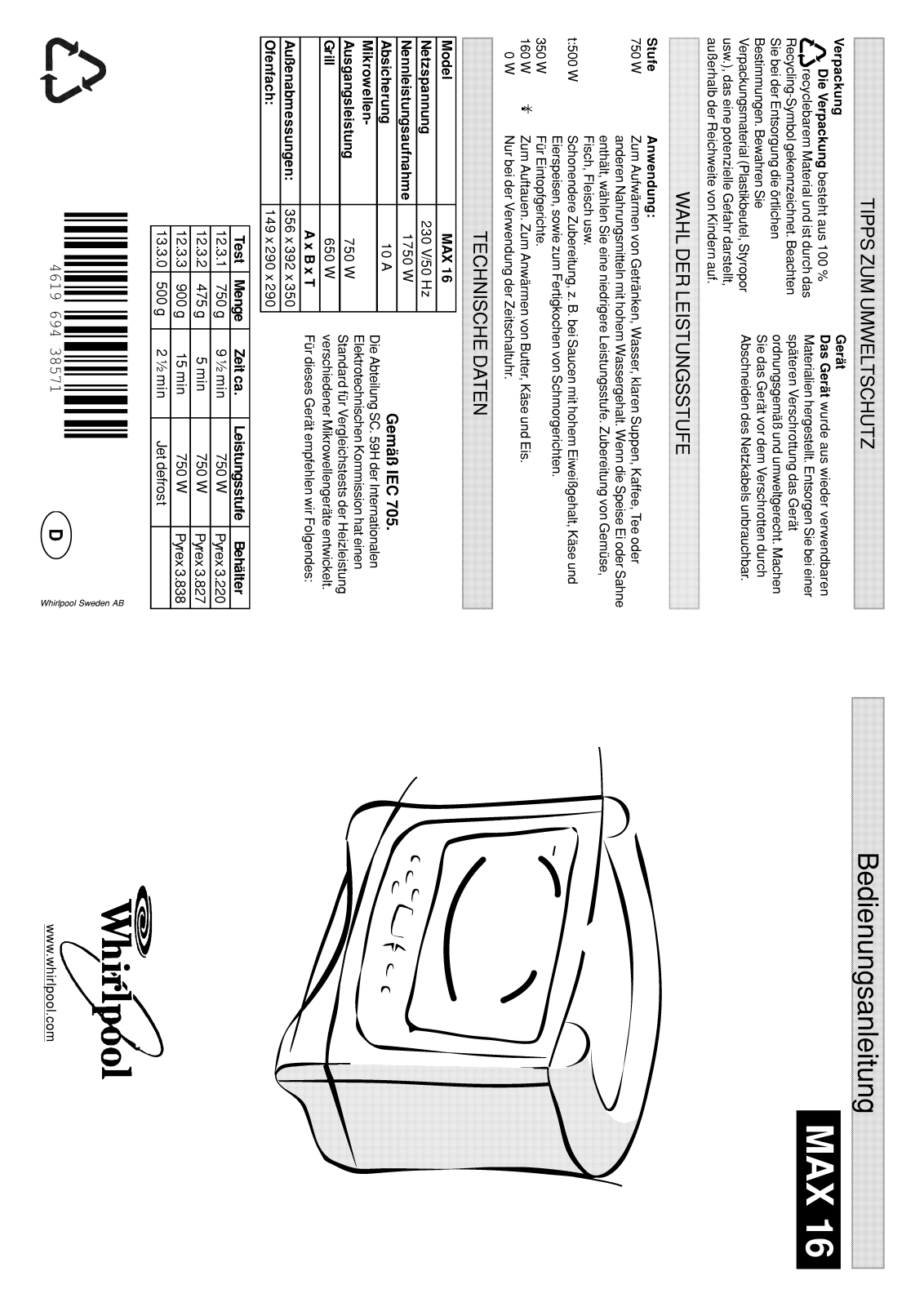 Whirlpool MAX 16/2/BL, MAX 16/WH, MAX 16/BL INSTRUCTION FOR USE
