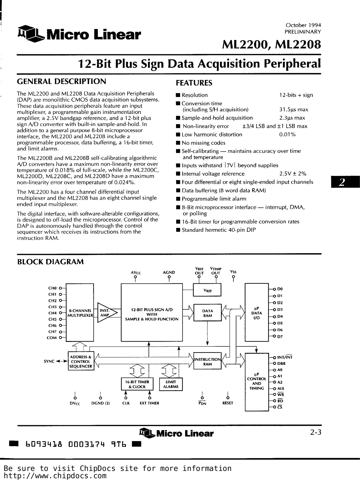 Micro Linear Corporation ML2208BCP, ML2200DCP, ML2200BCP, ML2200CCP, ML2208CCP Datasheet