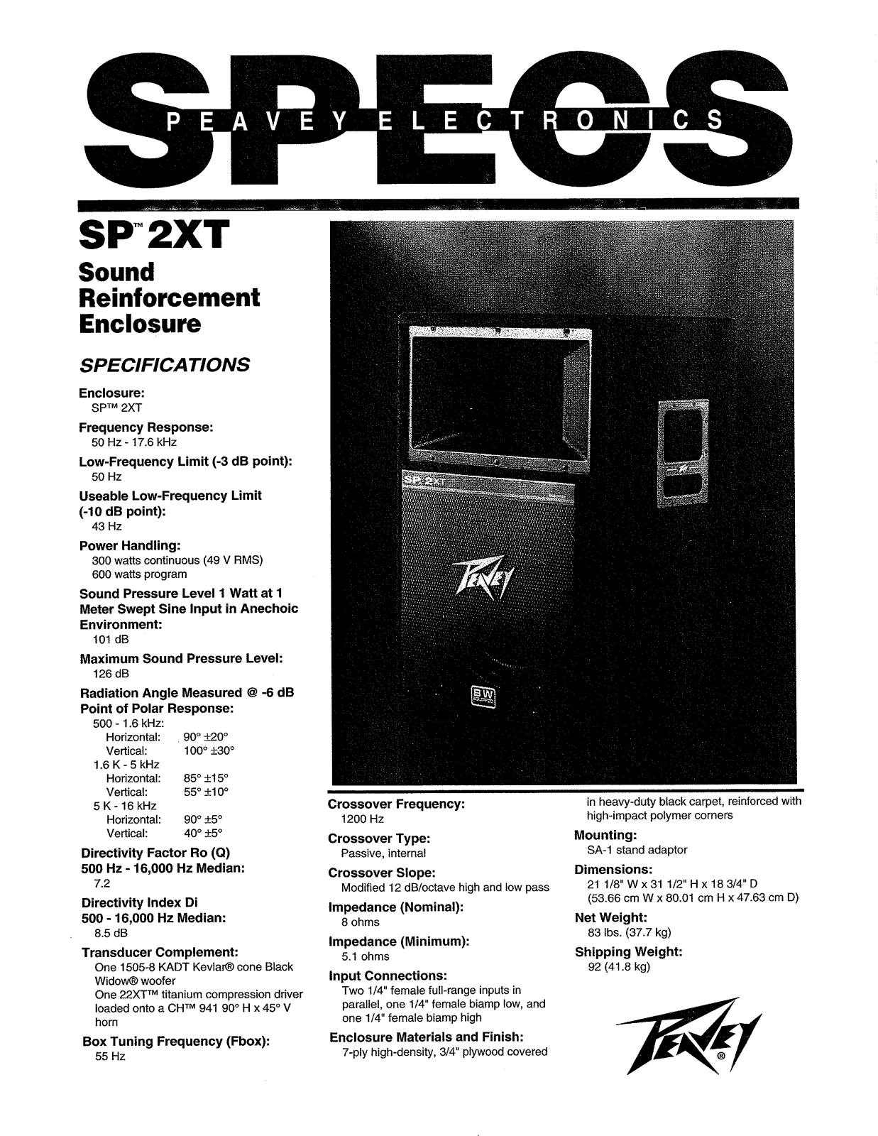 Peavey SP 2XT DATASHEET