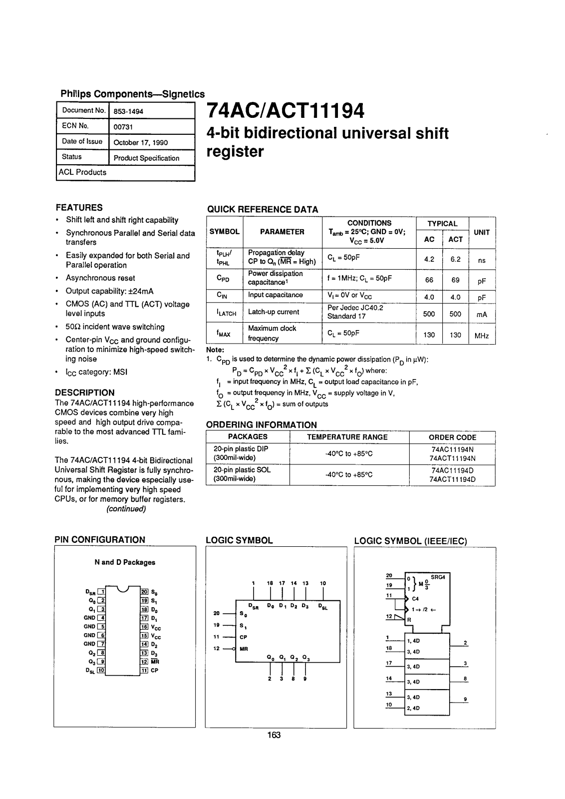 Philips 74ACT11194N, 74ACT11194D, 74AC11194N Datasheet