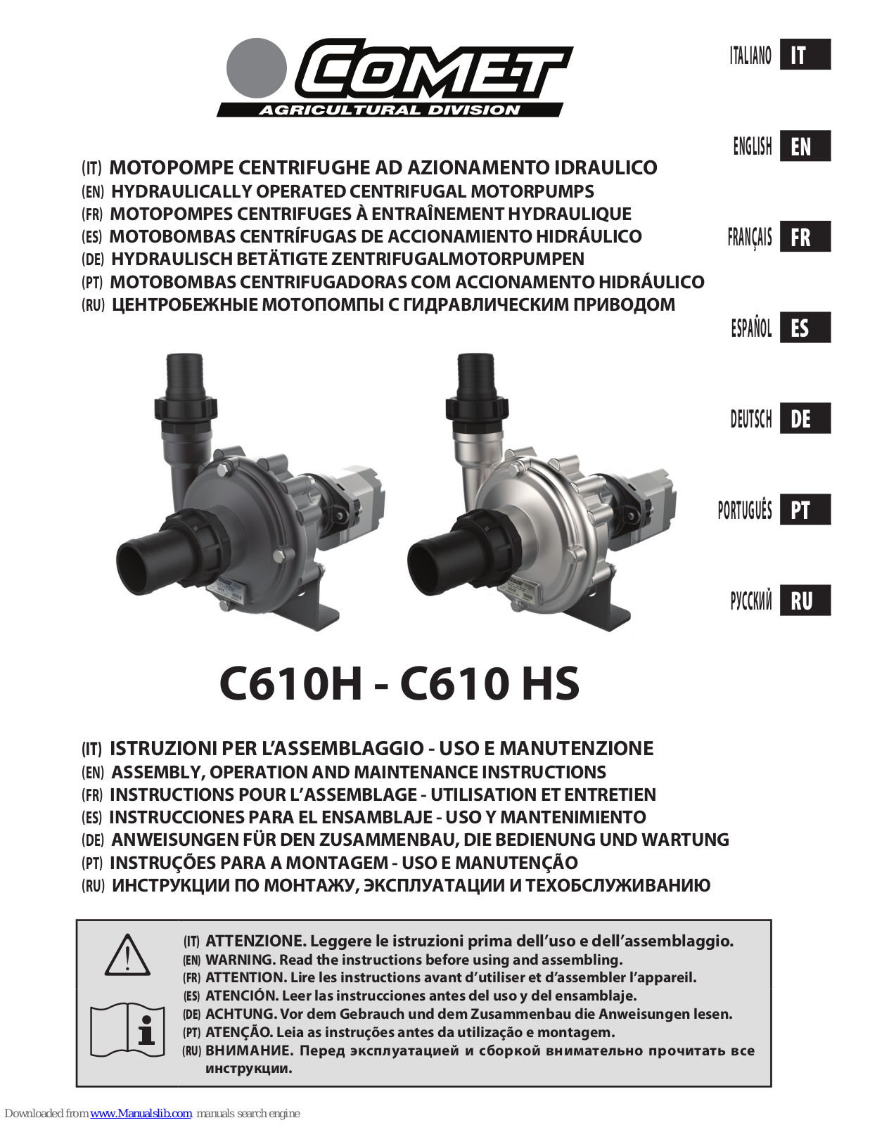 Comet C610 H, C610 HS Assembly, Operation And Maintenance Instructions