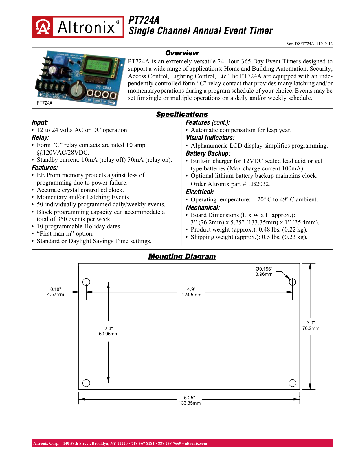 Altronix DPT724A, PT724A Specsheet