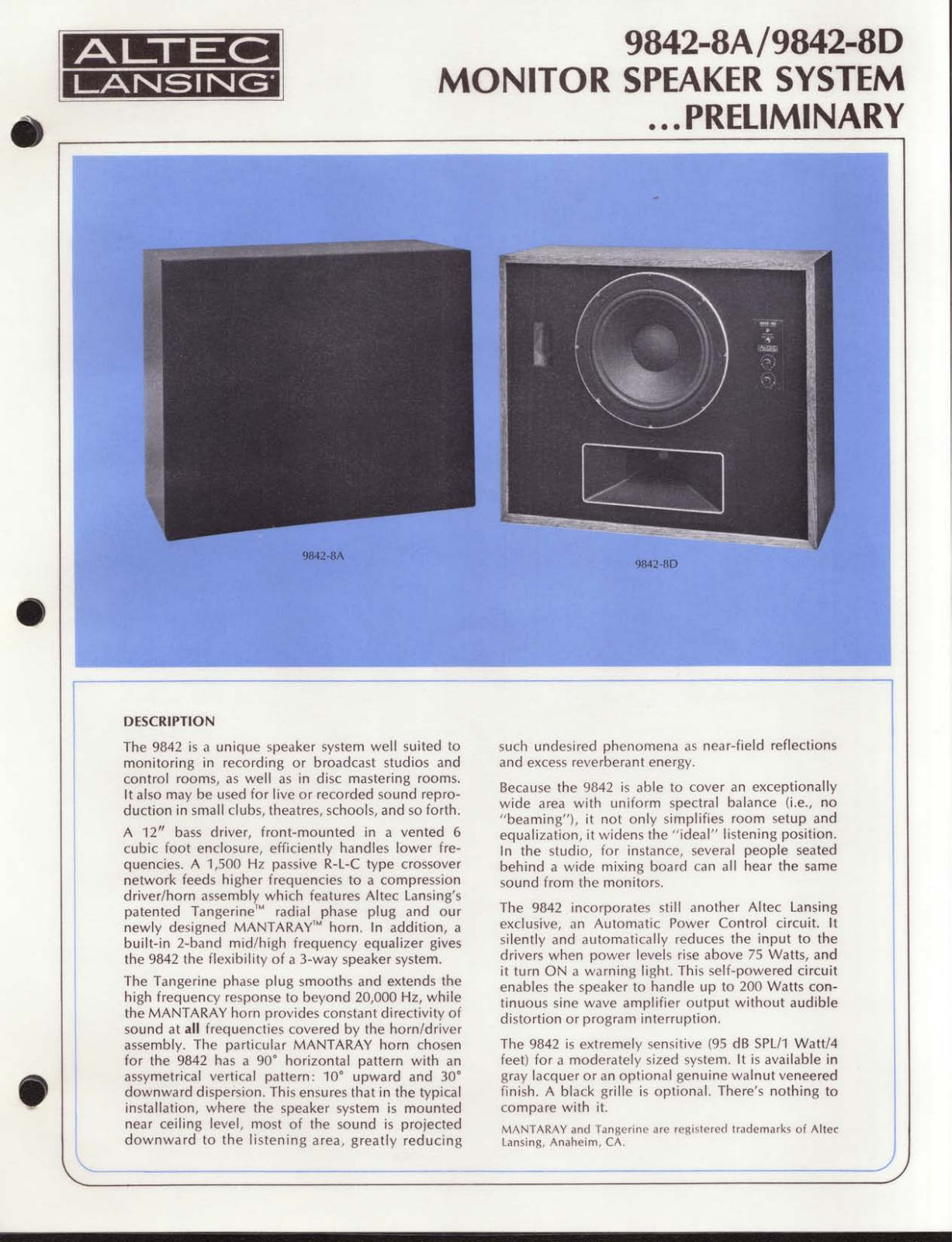 Altec Lansing 9842-8D, 9842-8A User Guide