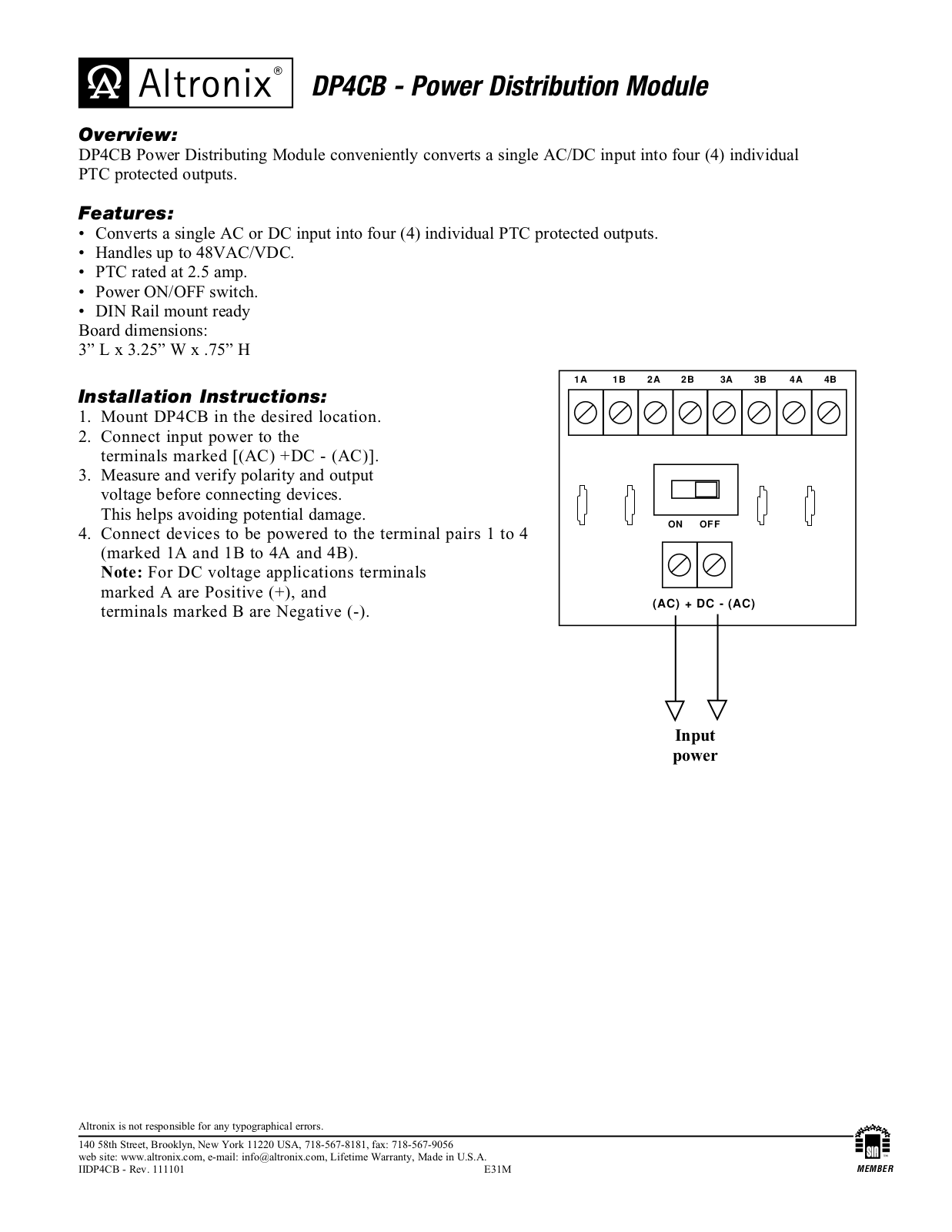 Altronix DP4CB Installation Instructions