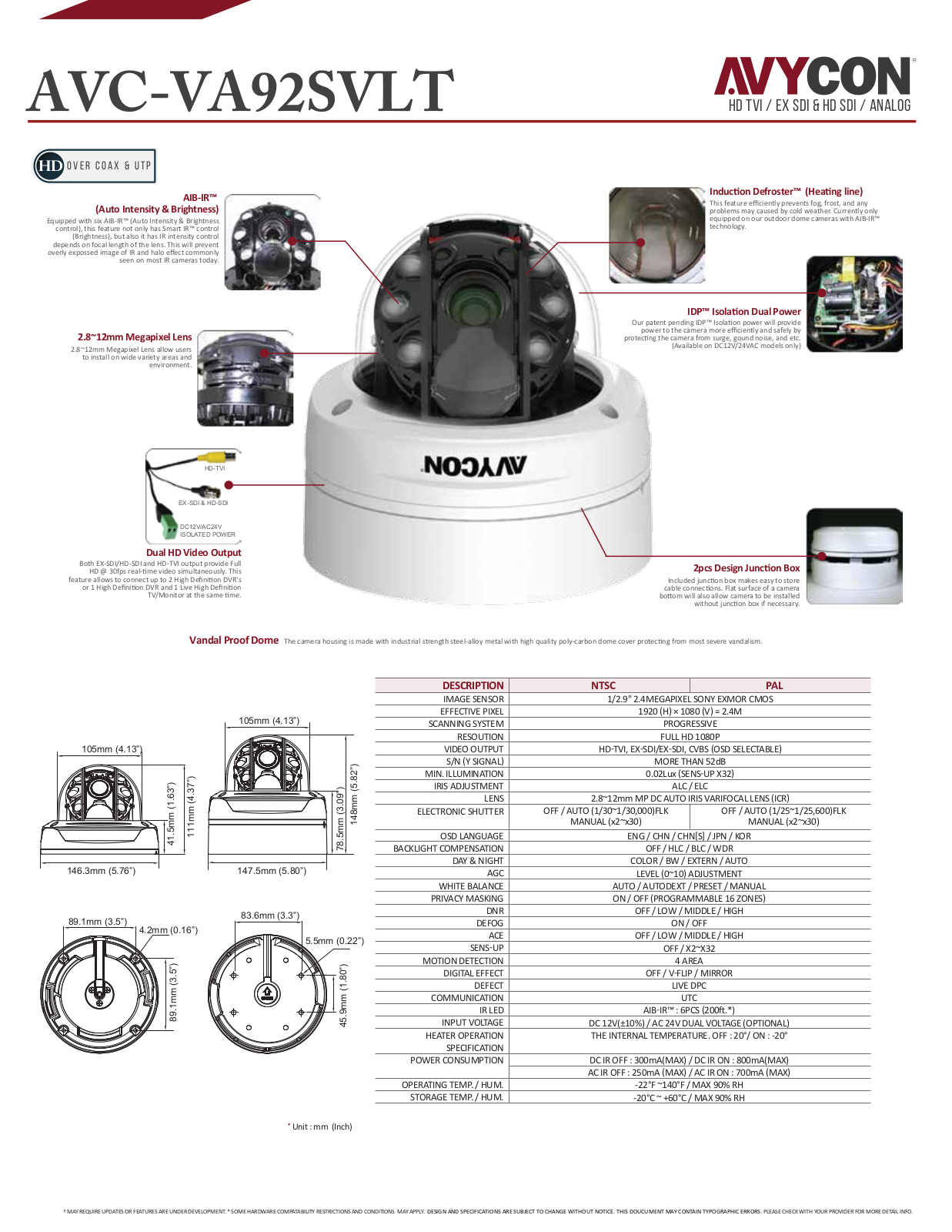 Avycon AVC-VA92SVLT-G, AVC-VA92SVLT Specsheet