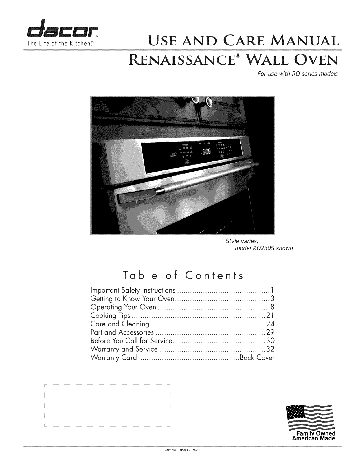 Dacor RO130B, RO230B, ROV130B, ROV230B, RO130S Owner’s Manual