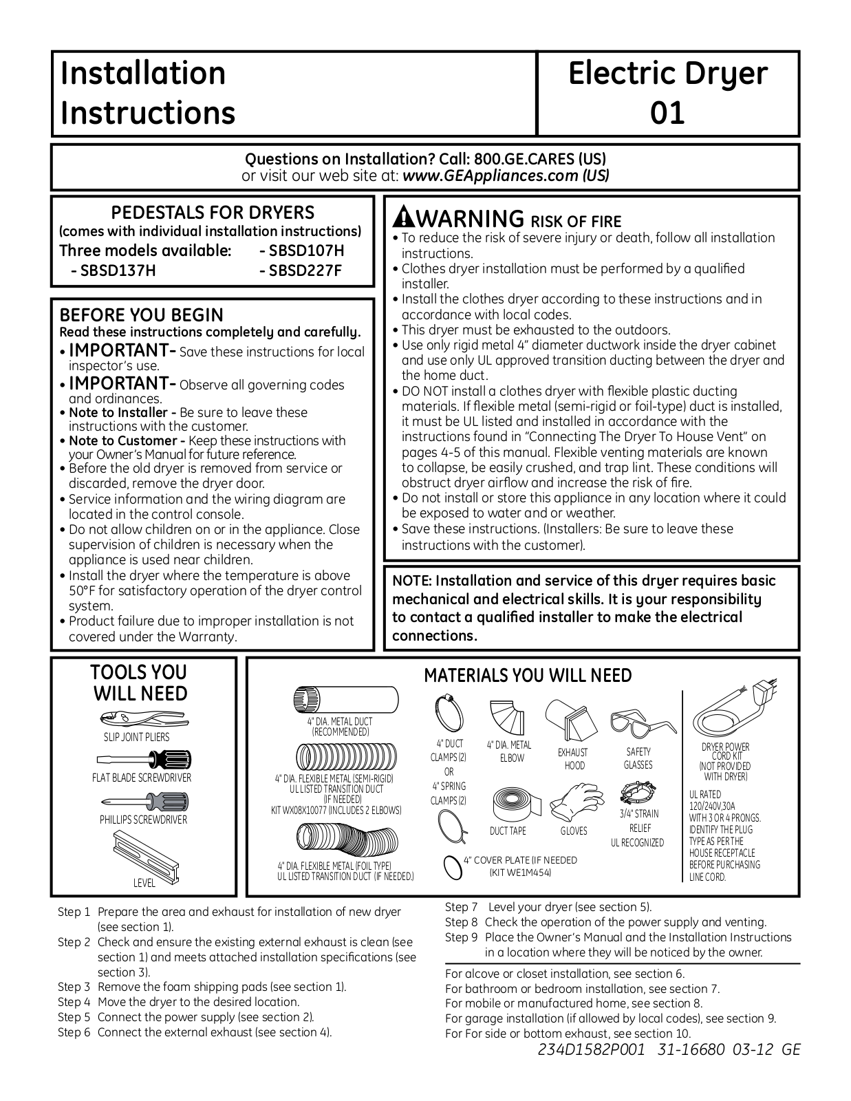 GE Electric Dryer Installation Instructions