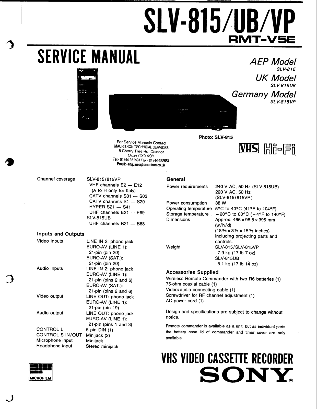 SONY slv815/ub/vp Service Manual Pages 1-50