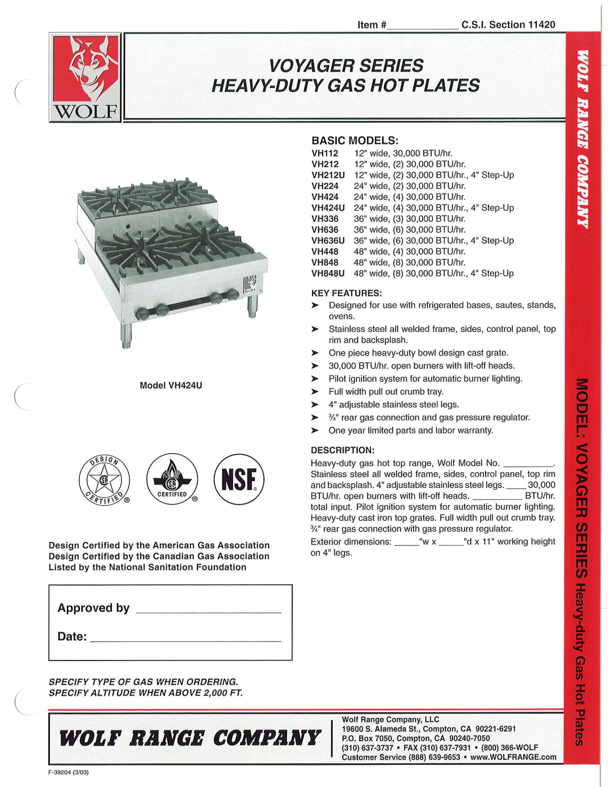 Wolf Range VH112, VH212, VH212U, VH224, VH424 General Manual