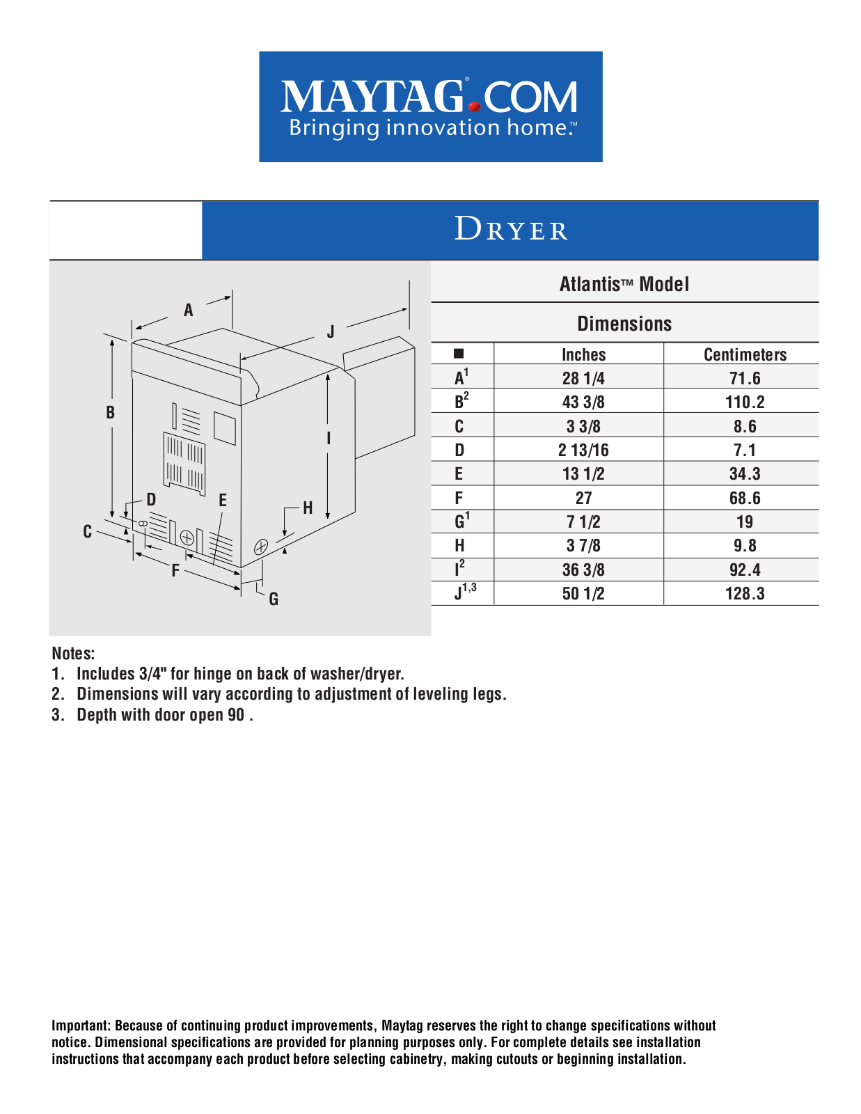 Maytag MDE4057AYW, MDE7057AZW, MDE7057AYW, MDE7057AYQ, MDE8000AZW Dimension Guide