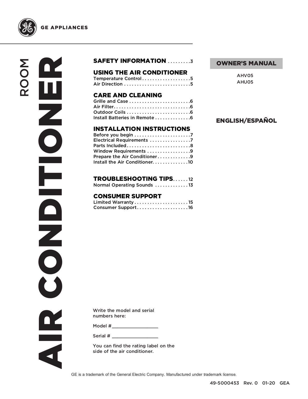 GE AHV05LZ User Manual