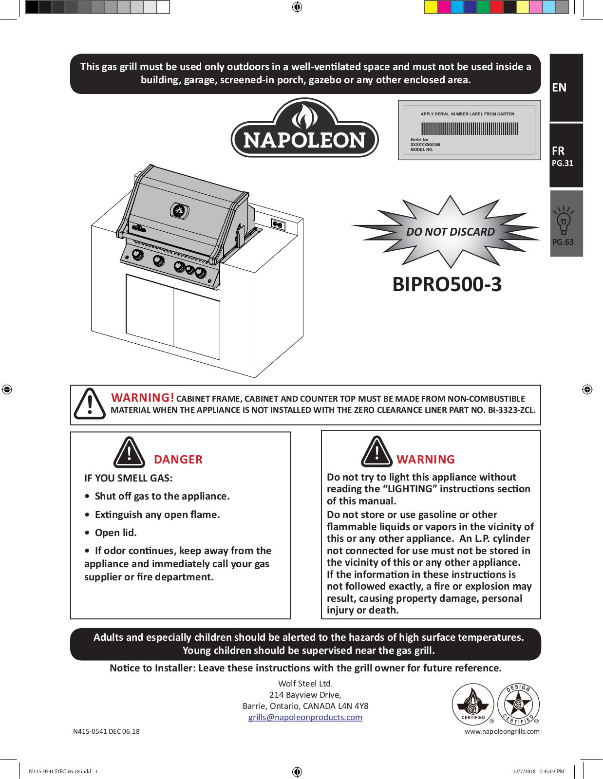 Napoleon BIPRO500RBPSS3 User Manual