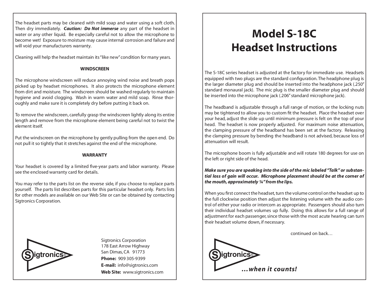 Sigtronics S-18C User Manual