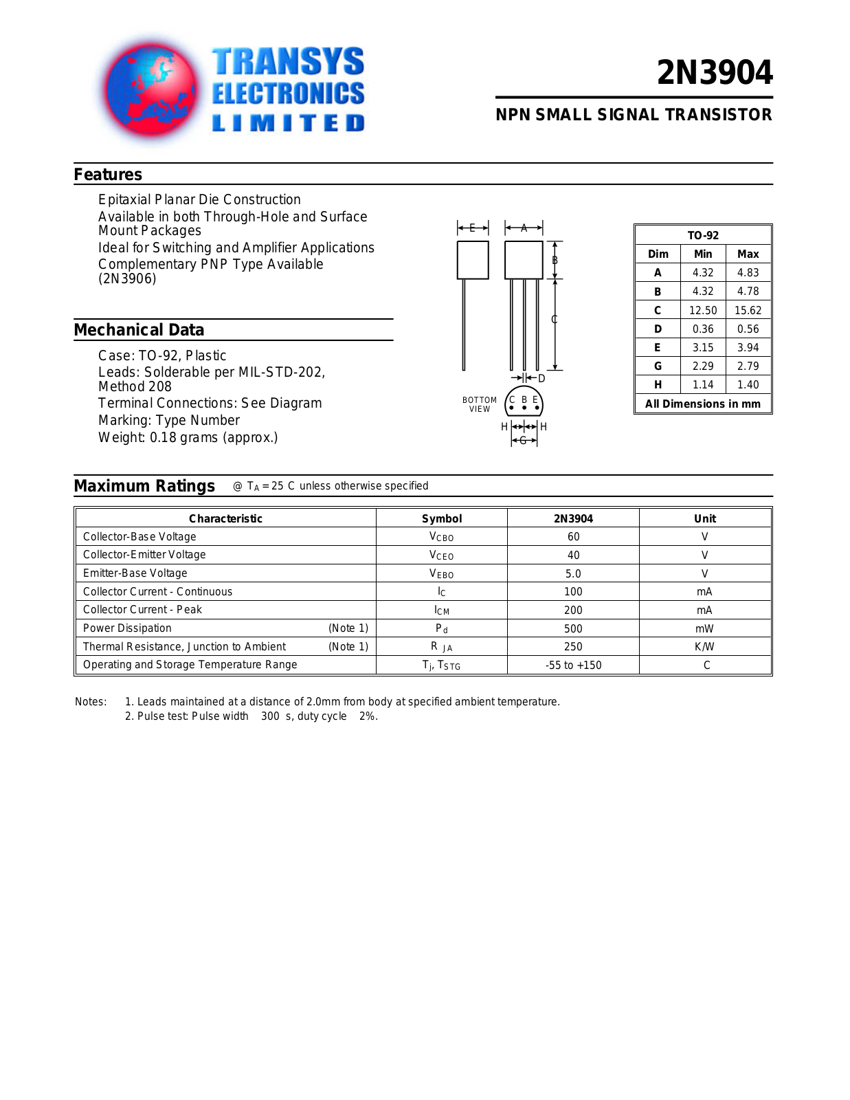 TEL 2N3904, 2N3904 Datasheet