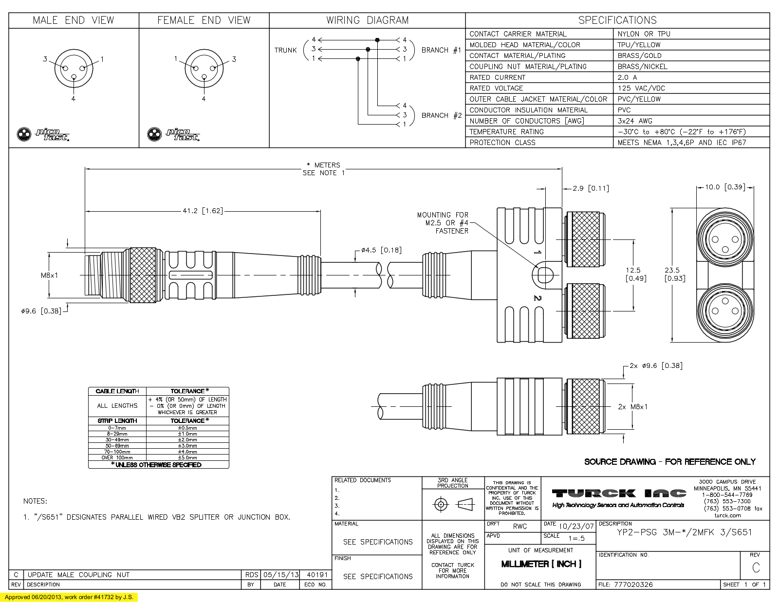 Turck YP2-PSG3M-0.2/2MFK3/S651 Specification Sheet