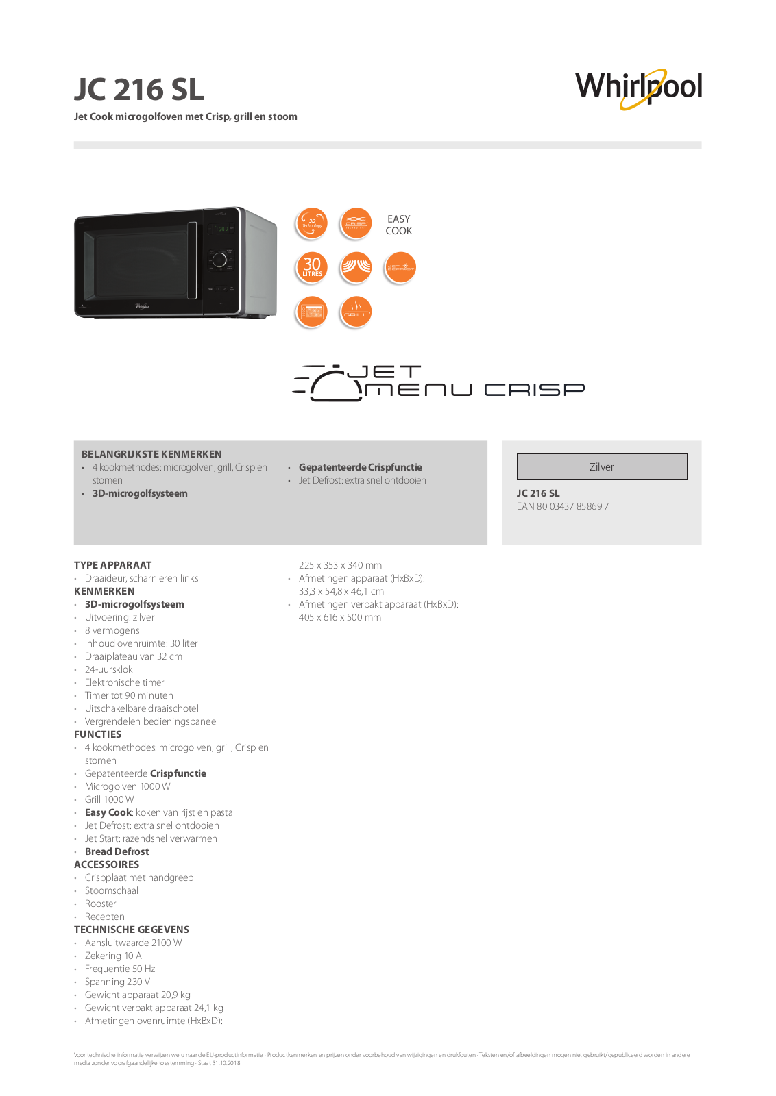 Whirlpool JC 216 SL Product information