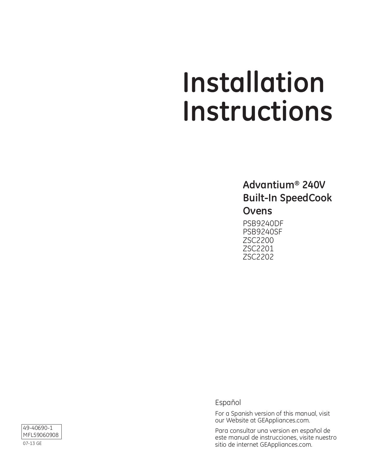 GE Profile PSB9240SFSS Installation Manual