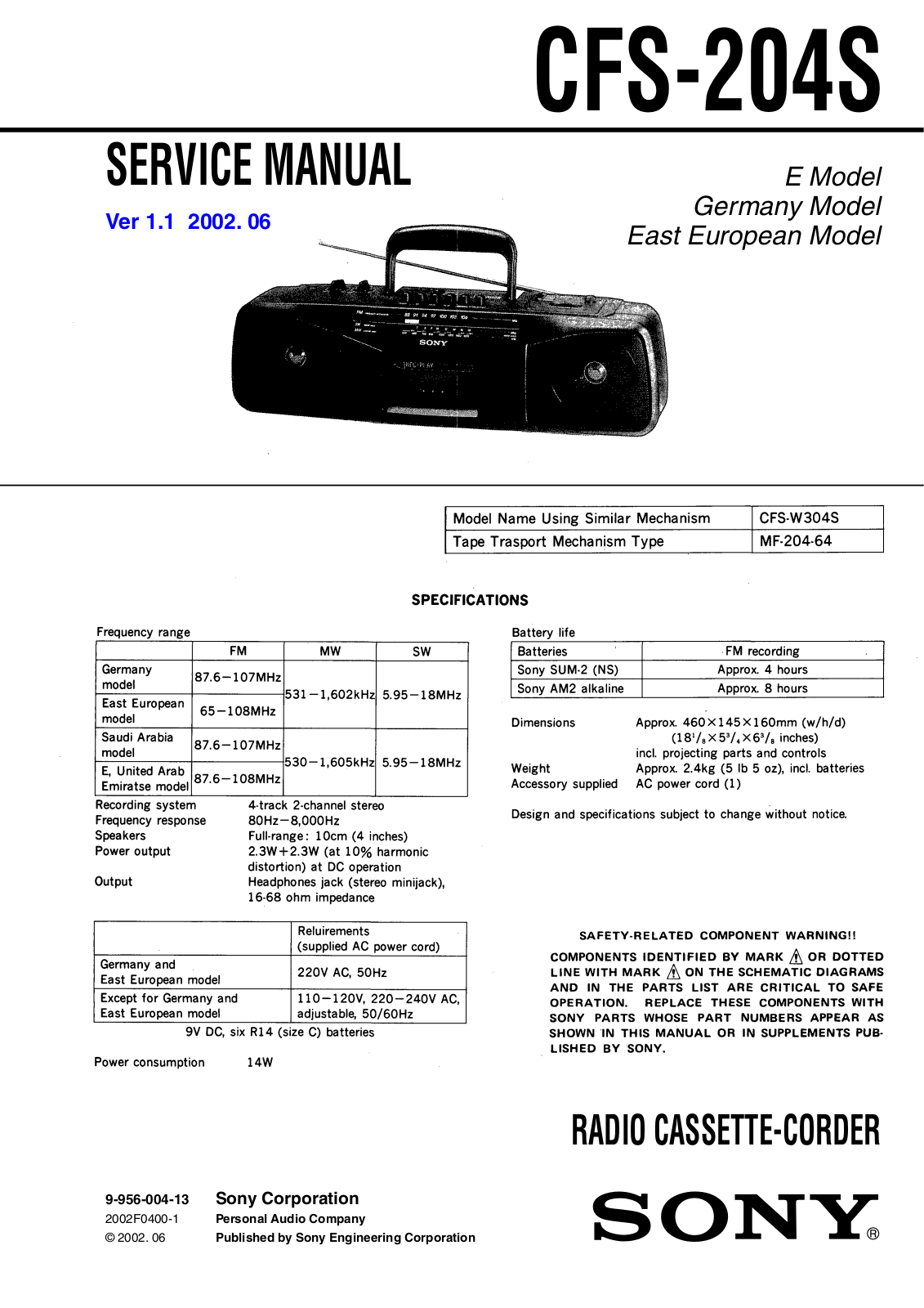 Sony CFS-204-S Service manual