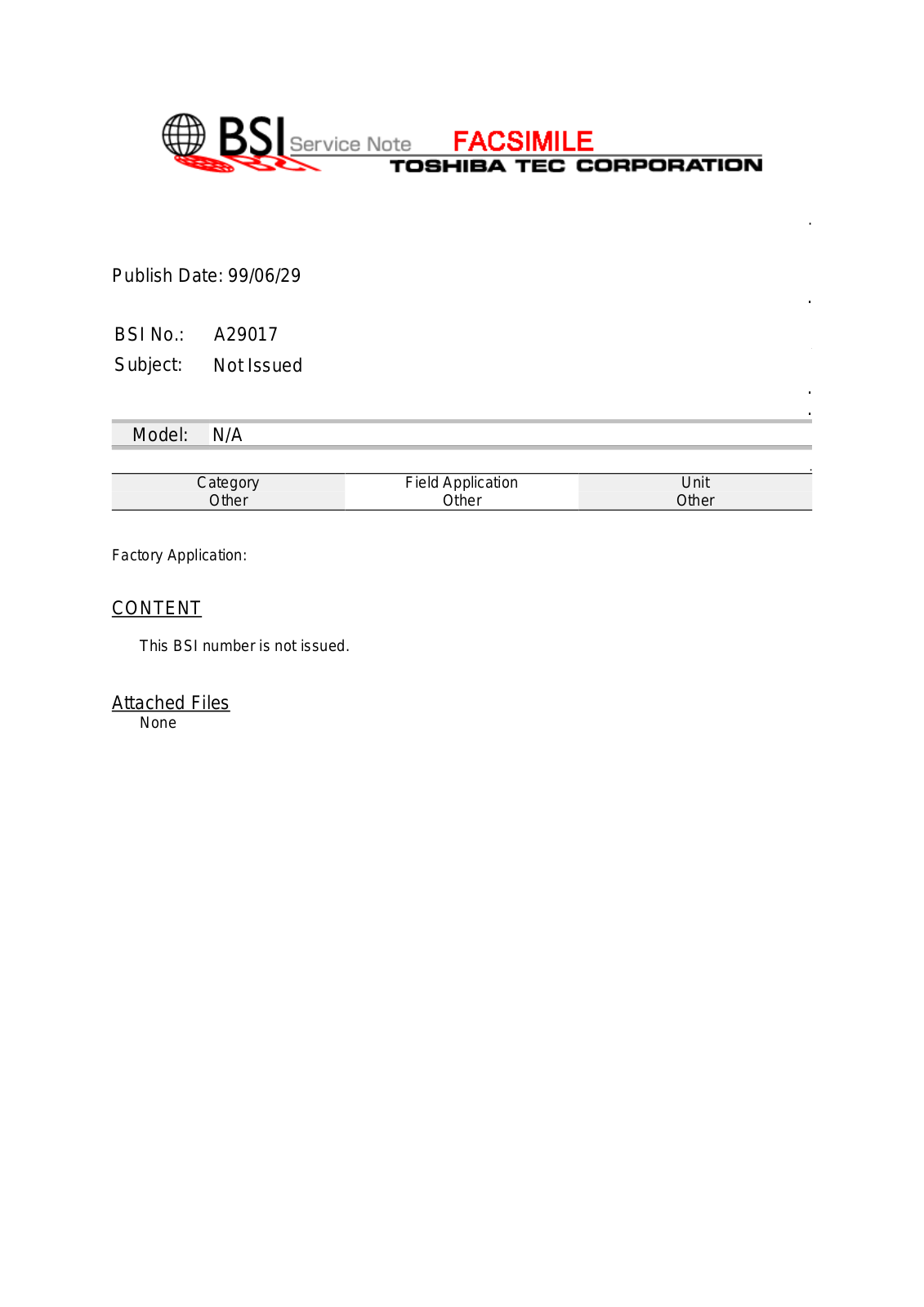 Toshiba A29017 Service Note